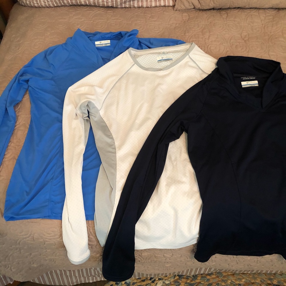 Three Columbia sun protection shirts